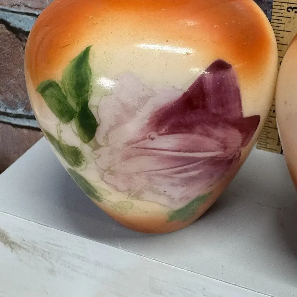 Set of 2 Antique 1900-1920's Fostoria Milk Glass Bulbous Vases Hand-Painted Rose